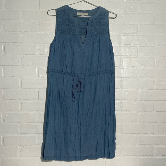 LOFT Dresses & Skirts - LOFT Dress Sleeveless Blue Casual Dress with Drawstring Waist Cotton Blend Small